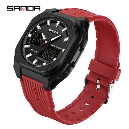 SANDA Quartz Watches for Men's Luxury Military Sport Chronograph Waterproof LED Dual Display Electronic Man Watches Reloj Hombre