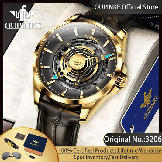 OUPINKE 3206 Automatic Mechanical Watch for Men Hollow 40mm Dial Original Hand Clock Synthetic Sapphire Mirror Leather Man Watch