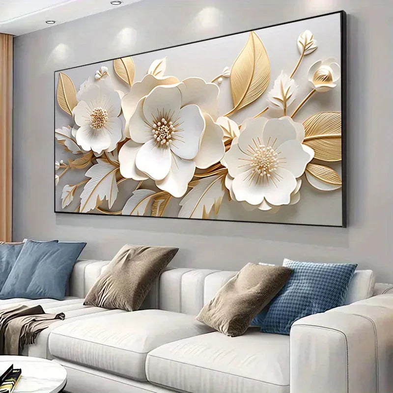 White & Golden Flowers Canvas Wall Art | Modern Painting Poster for Living Room & Bedroom Decoration