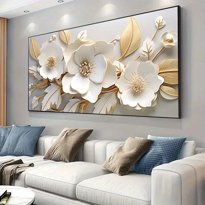 White & Golden Flowers Canvas Wall Art | Modern Painting Poster for Living Room & Bedroom Decoration