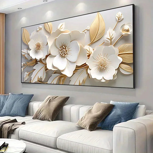 White & Golden Flowers Canvas Wall Art | Modern Painting Poster for Living Room & Bedroom Decoration