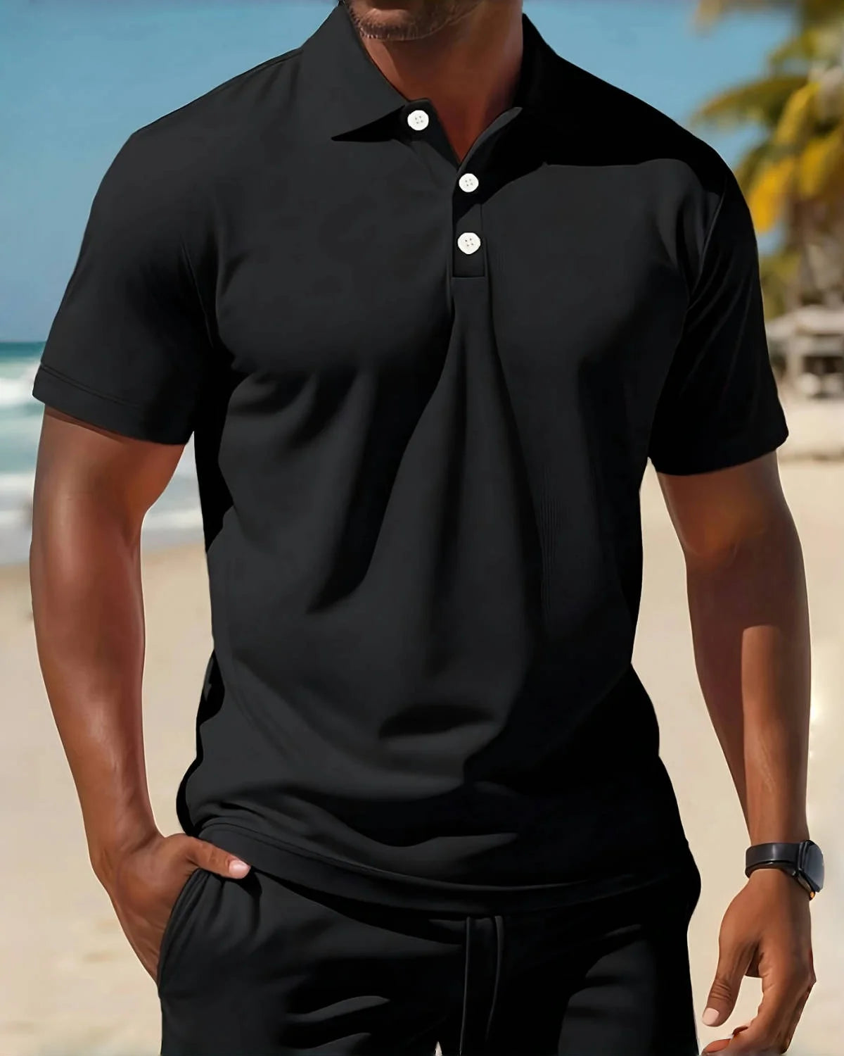 2025Men's business Casual beach sports Two-piece set, Drawstring elastic waist sports shorts set, button access control lapeltop