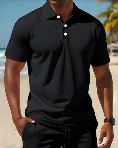 2025Men's business Casual beach sports Two-piece set, Drawstring elastic waist sports shorts set, button access control lapeltop