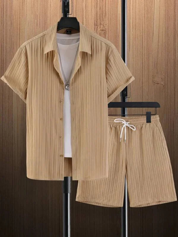 Hot autumn men's striped casual fashion suit shirt and shorts, beach casual suit autumn street wear