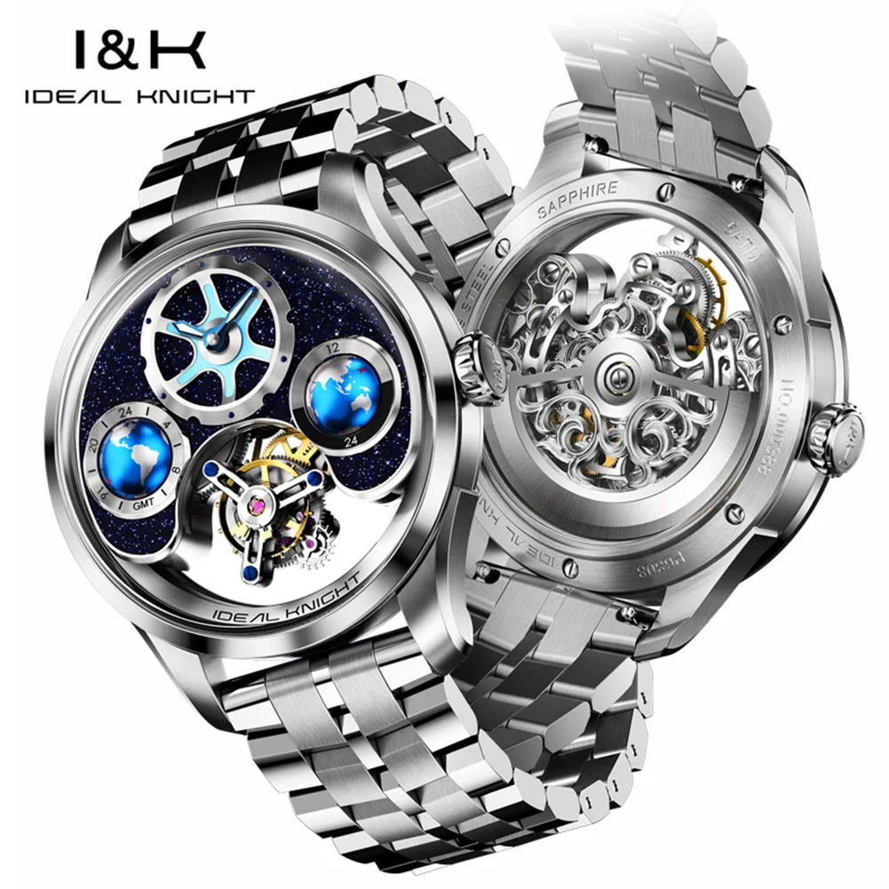 IDEAL KNIGHT 6808 Man Watch Blue Earth Dial Hollow Mechanical Watches For Men Waterproof Tourbillon Men's Automatic Wristwatches