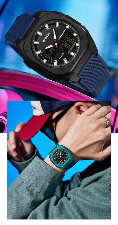 SANDA Quartz Watches for Men's Luxury Military Sport Chronograph Waterproof LED Dual Display Electronic Man Watches Reloj Hombre