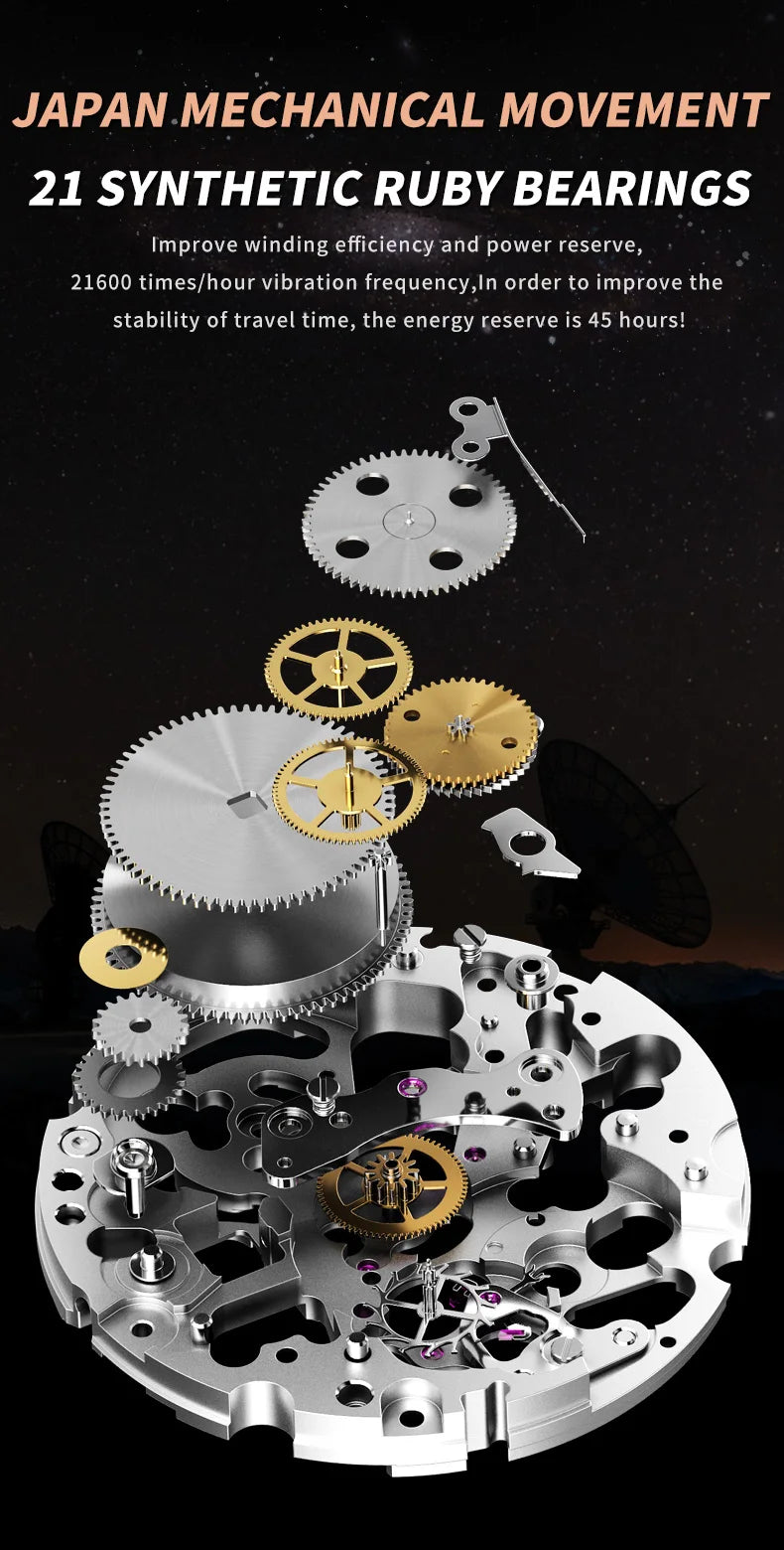 OUPINKE 3206 Automatic Mechanical Watch for Men Hollow 40mm Dial Original Hand Clock Synthetic Sapphire Mirror Leather Man Watch