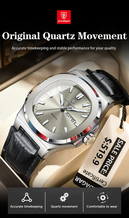 POEDAGAR High Quality Watch For Men Luxury Luminous Waterproof Week Calendar Man Clock Leather Square Men's Quartz Watches Reloj