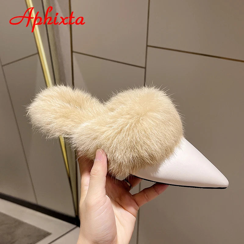 Aphixta New Warm Winter Real Rabbit Fur Plush Women Slippers Birds Furry Plaid Shoes Pointed Toe Flat Heel Hair Slides