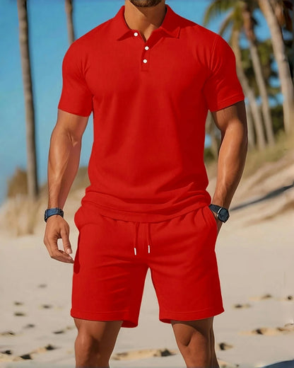 2025Men's business Casual beach sports Two-piece set, Drawstring elastic waist sports shorts set, button access control lapeltop