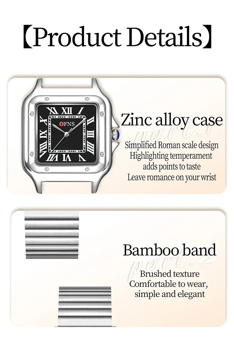 OFNS 2025 New 1516 Square Couple Quartz Watch 3ATM Waterproof Mineral Glass Roman Scale Simple Fashion Watch for Men and Women