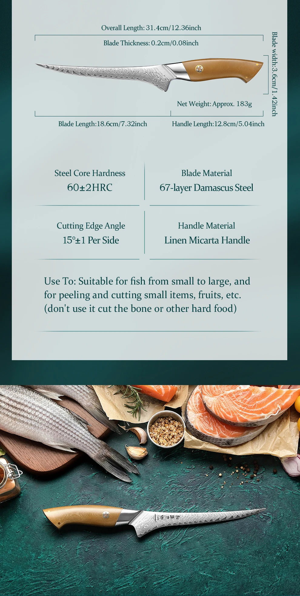 HEZHEN 7.3 Inch Fillet Knife 10Cr15CoMoV Steel Core Damascus Steel Kitchen Knife Cooking Cutlery Kitchen Tools Filleting Knife