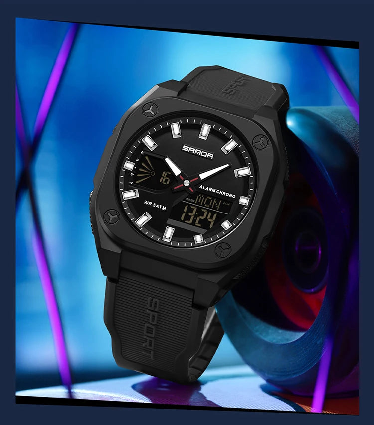 SANDA Quartz Watches for Men's Luxury Military Sport Chronograph Waterproof LED Dual Display Electronic Man Watches Reloj Hombre