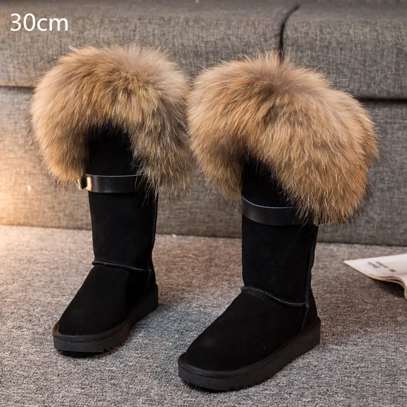Winter Natural Fox Fur Long Boots Winter Fur Black Genuine Leather Snow Boots Knee- High Boots Waterproof Flat Raccoon Fur Boot