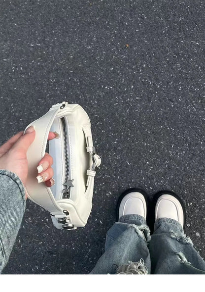 Vintage Korean Casual Cute White Star Shoulder Underarm Tote Bag Ladies Sling Bags Leather Zip Purses  Handbags Women