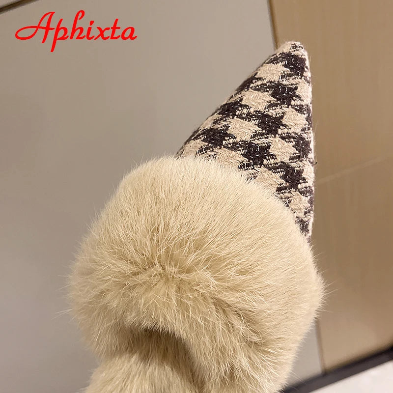 Aphixta New Warm Winter Real Rabbit Fur Plush Women Slippers Birds Furry Plaid Shoes Pointed Toe Flat Heel Hair Slides