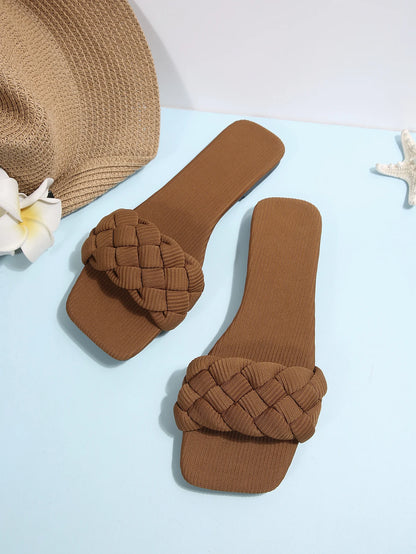 Square-toe Basket-Woven Sandals, Flat Home Slippers