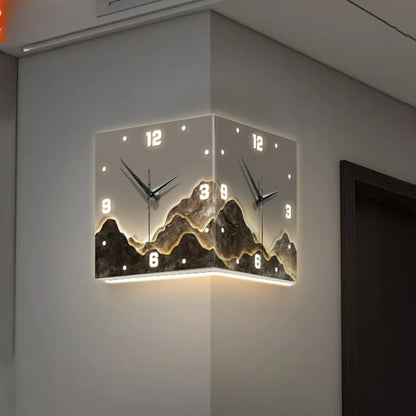 Nordic LED Double-Sided Corner Wall Clock | No-Drill Hanging Clock with Mural Lamp for Modern Living Room Decor