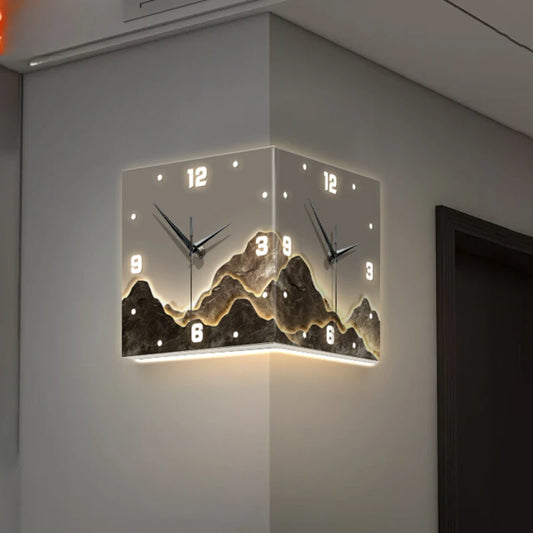 Nordic LED Double-Sided Corner Wall Clock | No-Drill Hanging Clock with Mural Lamp for Modern Living Room Decor