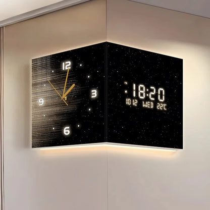 Modern Luxury Luminous Corner Wall Clock | Silent Digital Calendar Clock for Living Room & Bedroom Home Decor