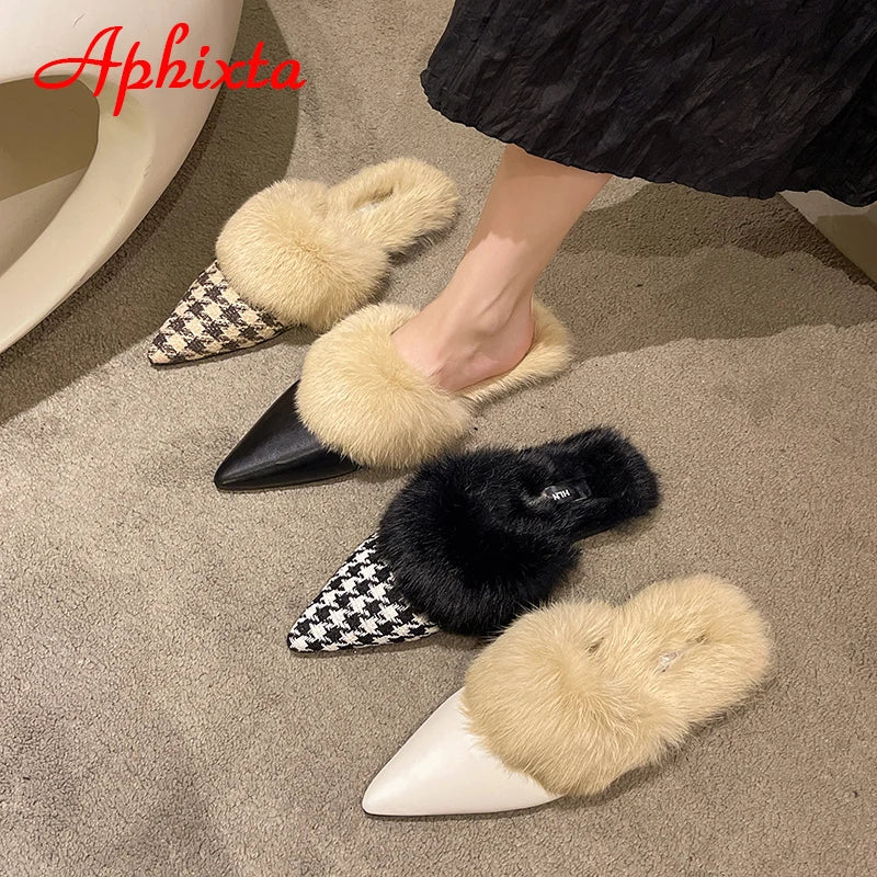 Aphixta New Warm Winter Real Rabbit Fur Plush Women Slippers Birds Furry Plaid Shoes Pointed Toe Flat Heel Hair Slides