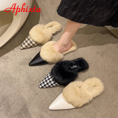 Aphixta New Warm Winter Real Rabbit Fur Plush Women Slippers Birds Furry Plaid Shoes Pointed Toe Flat Heel Hair Slides