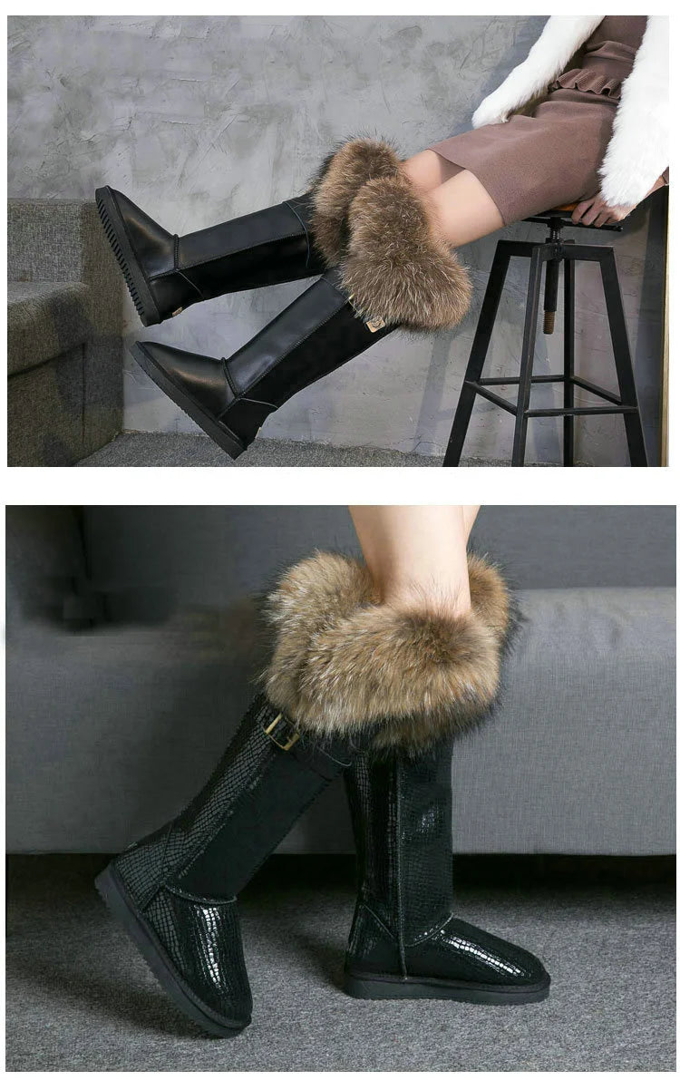 Winter Natural Fox Fur Long Boots Winter Fur Black Genuine Leather Snow Boots Knee- High Boots Waterproof Flat Raccoon Fur Boot