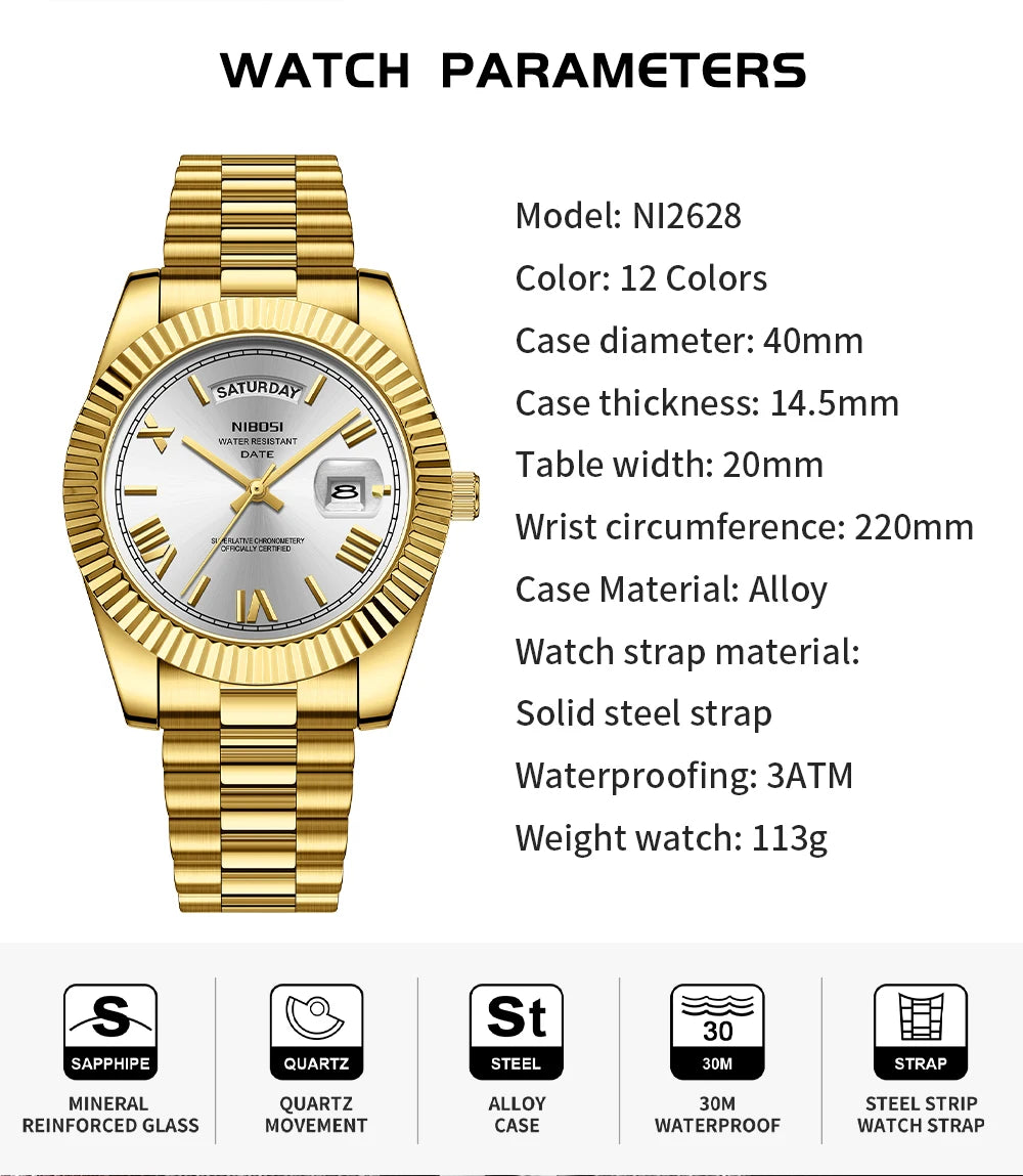 NIBOSI New Men Watch Brand Luxury Fashion Quartz Wristwatch Male Stainless Steel Waterproof Calendar Business Watches For Men