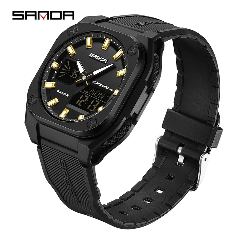 SANDA Quartz Watches for Men's Luxury Military Sport Chronograph Waterproof LED Dual Display Electronic Man Watches Reloj Hombre