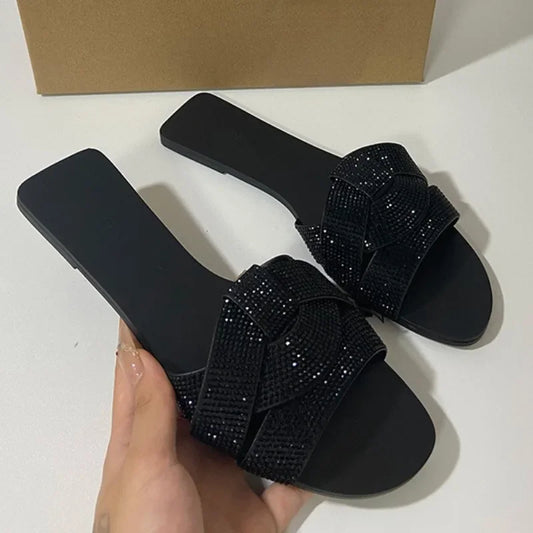 Brand Designer 2024 Summer Flat Women's Slippers Shining Diamond Decoration Open Toe Beach Shoes Outdoor Walk Ladies Slides