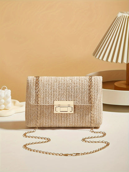Woven Straw Handwoven Women's Shoulder Bag, Fashion Solid Color Crossbody Purse with Lock Closure