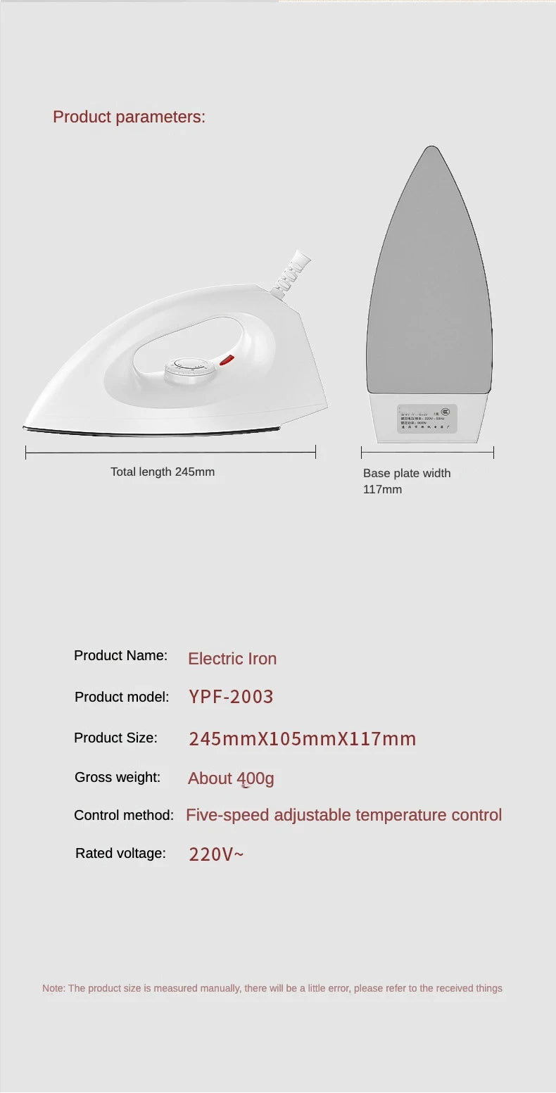 1000W Portable Electric Dry Iron | 5-Gear Adjustable Heat Control for Home & Travel