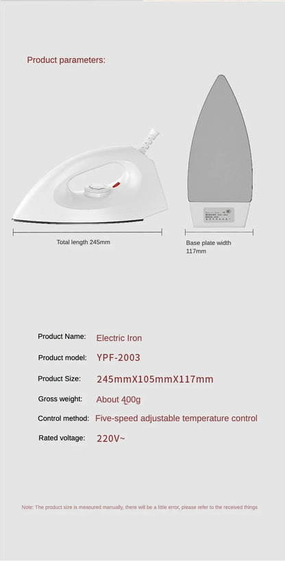 1000W Portable Electric Dry Iron | 5-Gear Adjustable Heat Control for Home & Travel