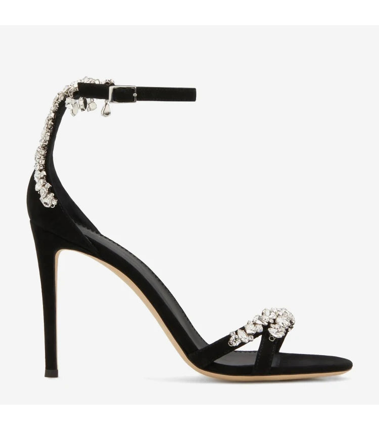 Black High Heels Women's Stiletto Heels Celebrity Style 2024 New Versatile Slotted Buckle Rhinestone Open Toe Round Toe Sandals