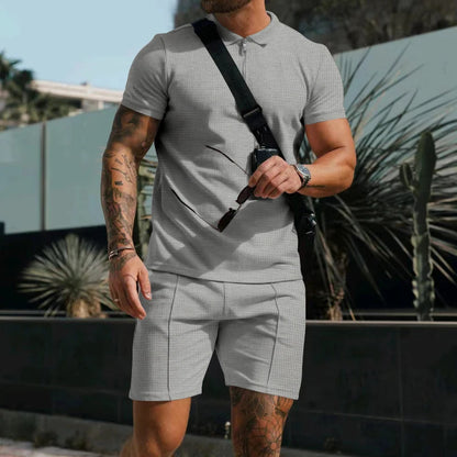 Men's Comfortable Short-Sleeved Waffle Polo Shirt And Shorts Set - Breathable Lightweight Spring/Summer Clothing