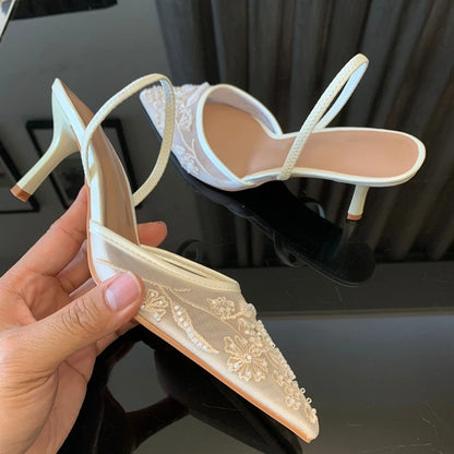 Brand Designer White Women Pumps Mesh Embroidered Flowers Back Strap Sexy Slingback High Heels Dress Wedding Shoes for Ladies