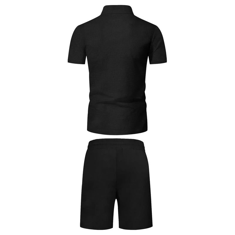 Men's Comfortable Short-Sleeved Waffle Polo Shirt And Shorts Set - Breathable Lightweight Spring/Summer Clothing