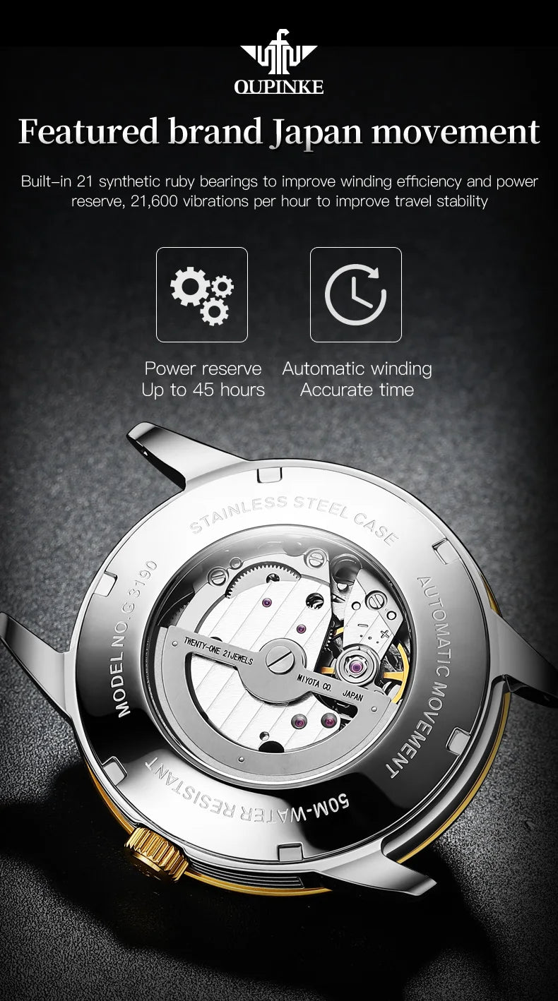 OUPINKE TOP Brand Japanese Imported Automatic Movement Watch for Men Waterproof Timing code Luxury Roman Scale Wristwatches
