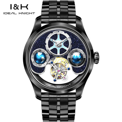 IDEAL KNIGHT 6808 Man Watch Blue Earth Dial Hollow Mechanical Watches For Men Waterproof Tourbillon Men's Automatic Wristwatches