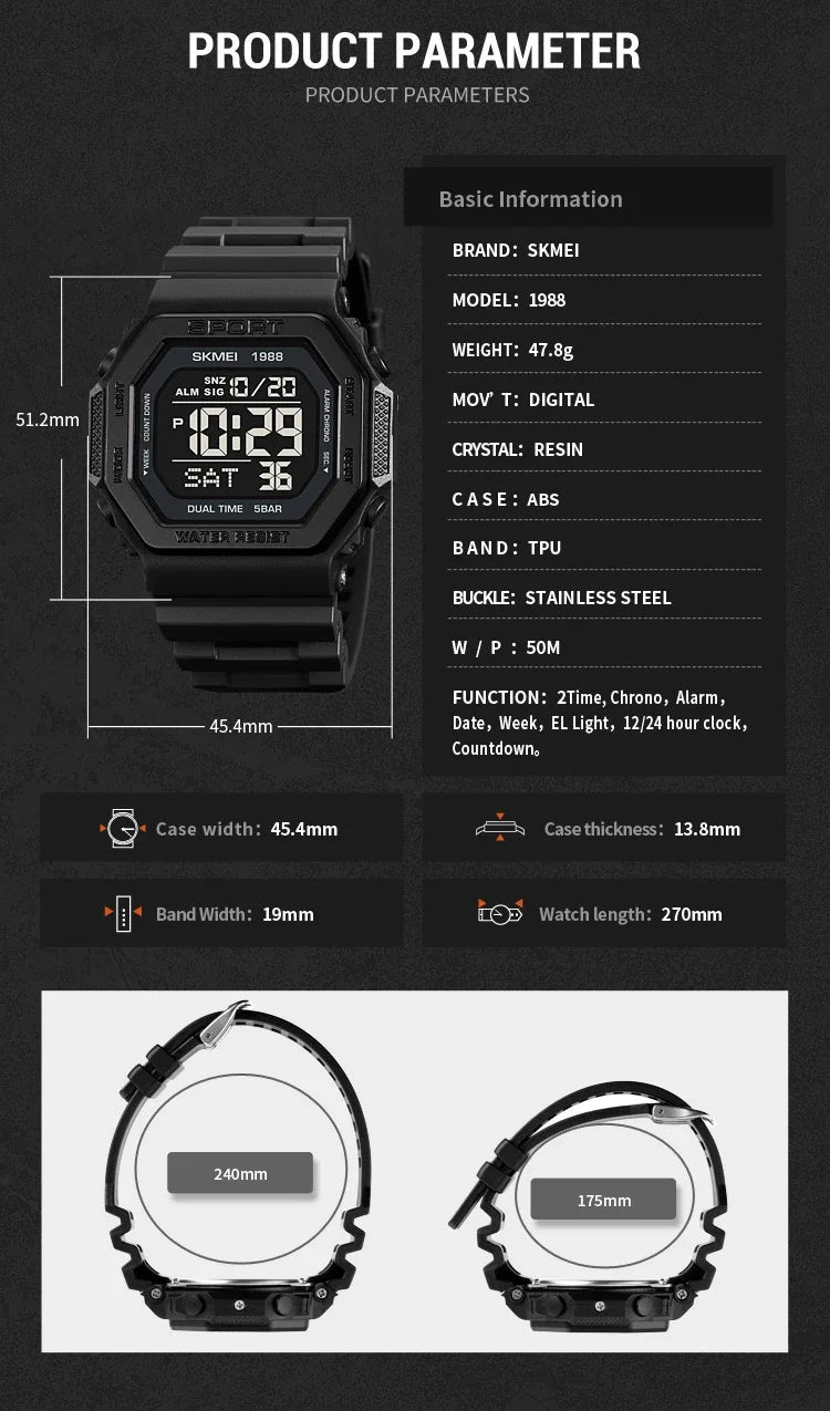 SKMEI 1988 Digital Sport Watch for Men LED Display Military Countdown Military Wristwatches Waterproof Mens Reloj Hombre 1628