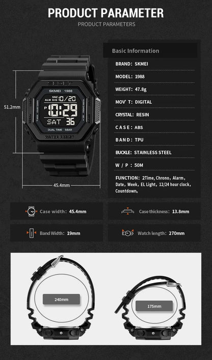 SKMEI 1988 Digital Sport Watch for Men LED Display Military Countdown Military Wristwatches Waterproof Mens Reloj Hombre 1628