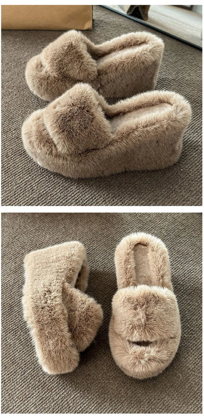 2024 Luxury New Women Feminine High-heeled Fur Drag Outdoor All-match Shoes Slippers Round Head Wedges with Mink Fur Slippers