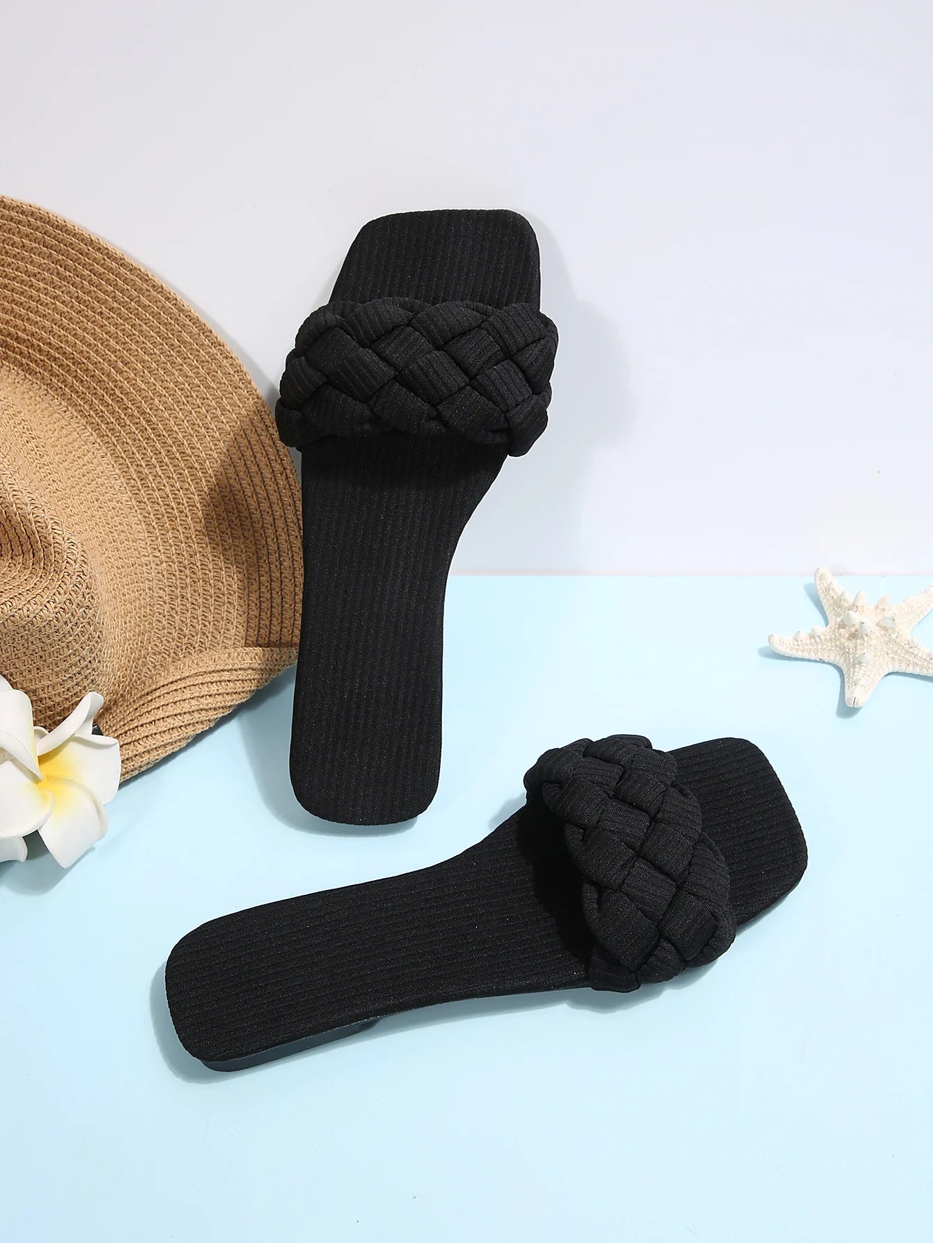 Square-toe Basket-Woven Sandals, Flat Home Slippers