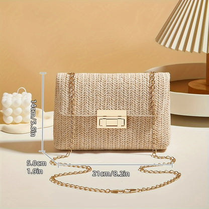 Woven Straw Handwoven Women's Shoulder Bag, Fashion Solid Color Crossbody Purse with Lock Closure