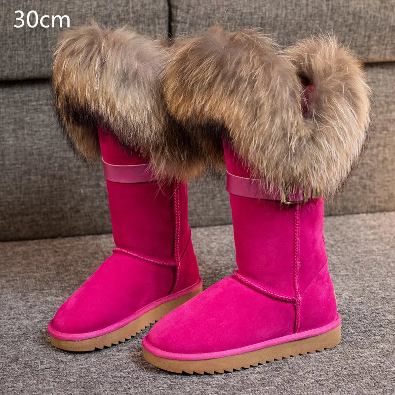 Winter Natural Fox Fur Long Boots Winter Fur Black Genuine Leather Snow Boots Knee- High Boots Waterproof Flat Raccoon Fur Boot
