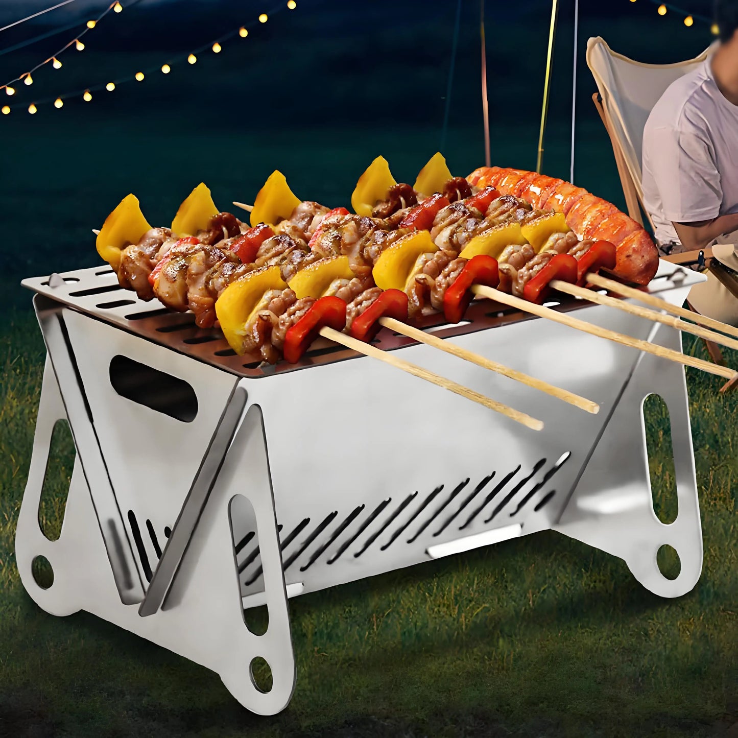 Camping Grill Pro - 304 Steel Instant-Fold BBQ ✔SparkGuard & NSF-Certified (Tailgating/Picnic Essential)
