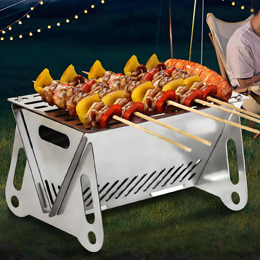 Camping Grill Pro - 304 Steel Instant-Fold BBQ ✔SparkGuard & NSF-Certified (Tailgating/Picnic Essential)