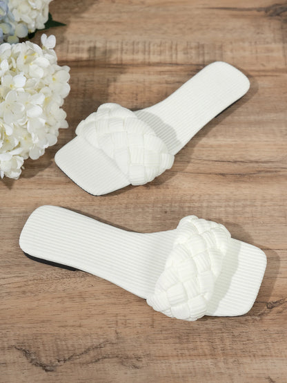 Square-toe Basket-Woven Sandals, Flat Home Slippers