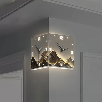 Nordic LED Double-Sided Corner Wall Clock | No-Drill Hanging Clock with Mural Lamp for Modern Living Room Decor