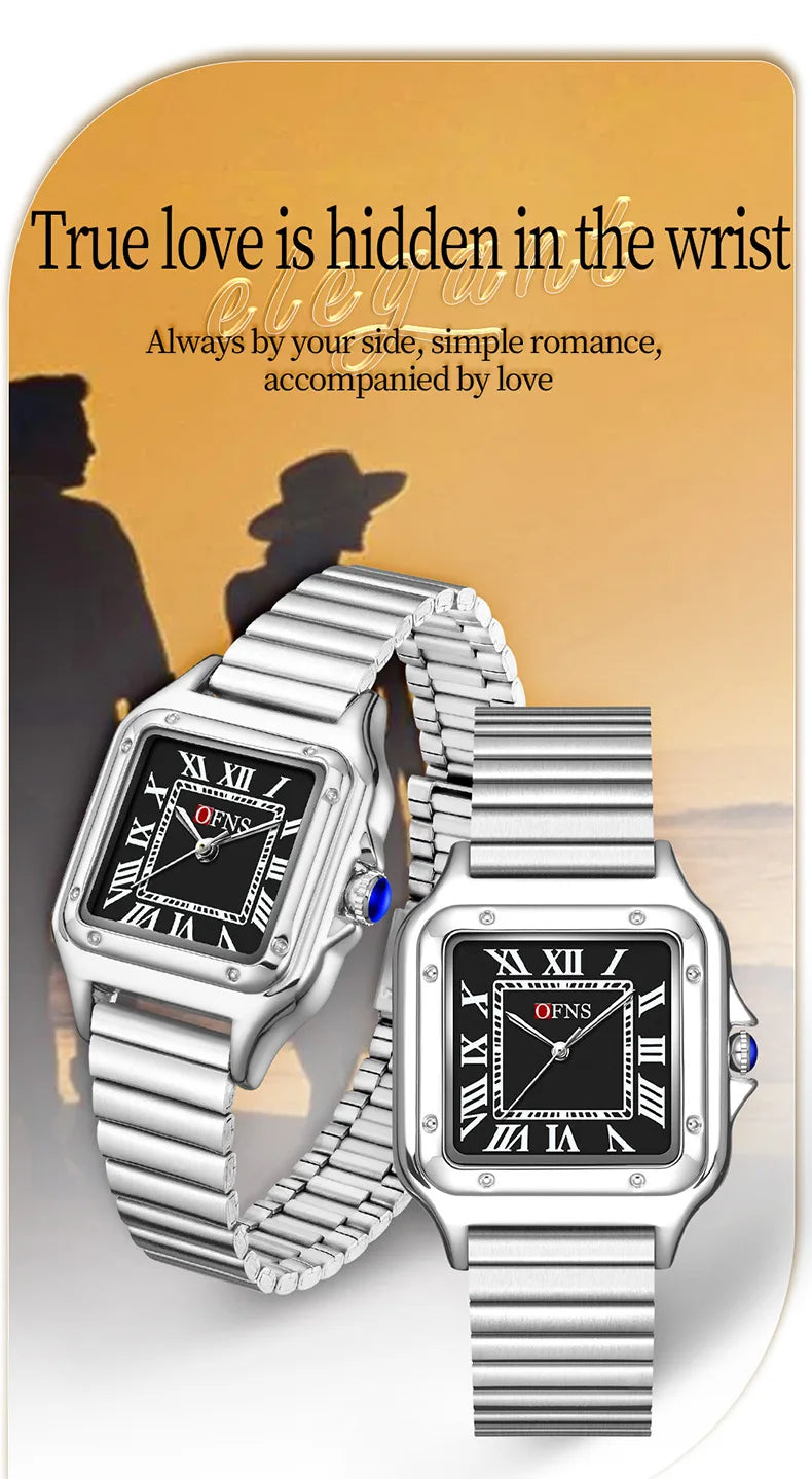 OFNS 2025 New 1516 Square Couple Quartz Watch 3ATM Waterproof Mineral Glass Roman Scale Simple Fashion Watch for Men and Women